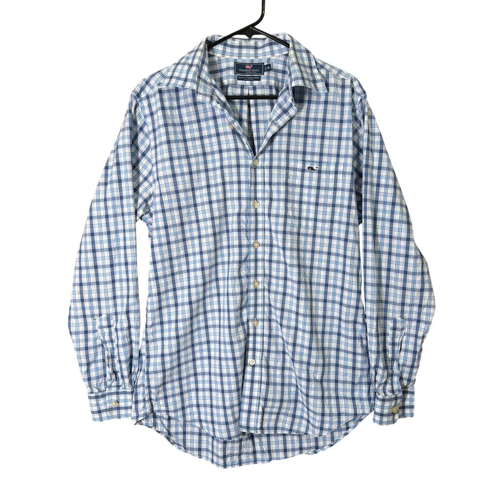 Vineyard Vines Men Shirt Blue Plaid Collared Slim Fit Tucker 100% Cotton Medium
